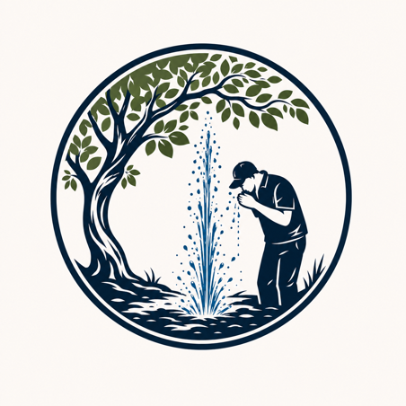 Triversal Plumbing logo: a man under a tree beside a spray of water